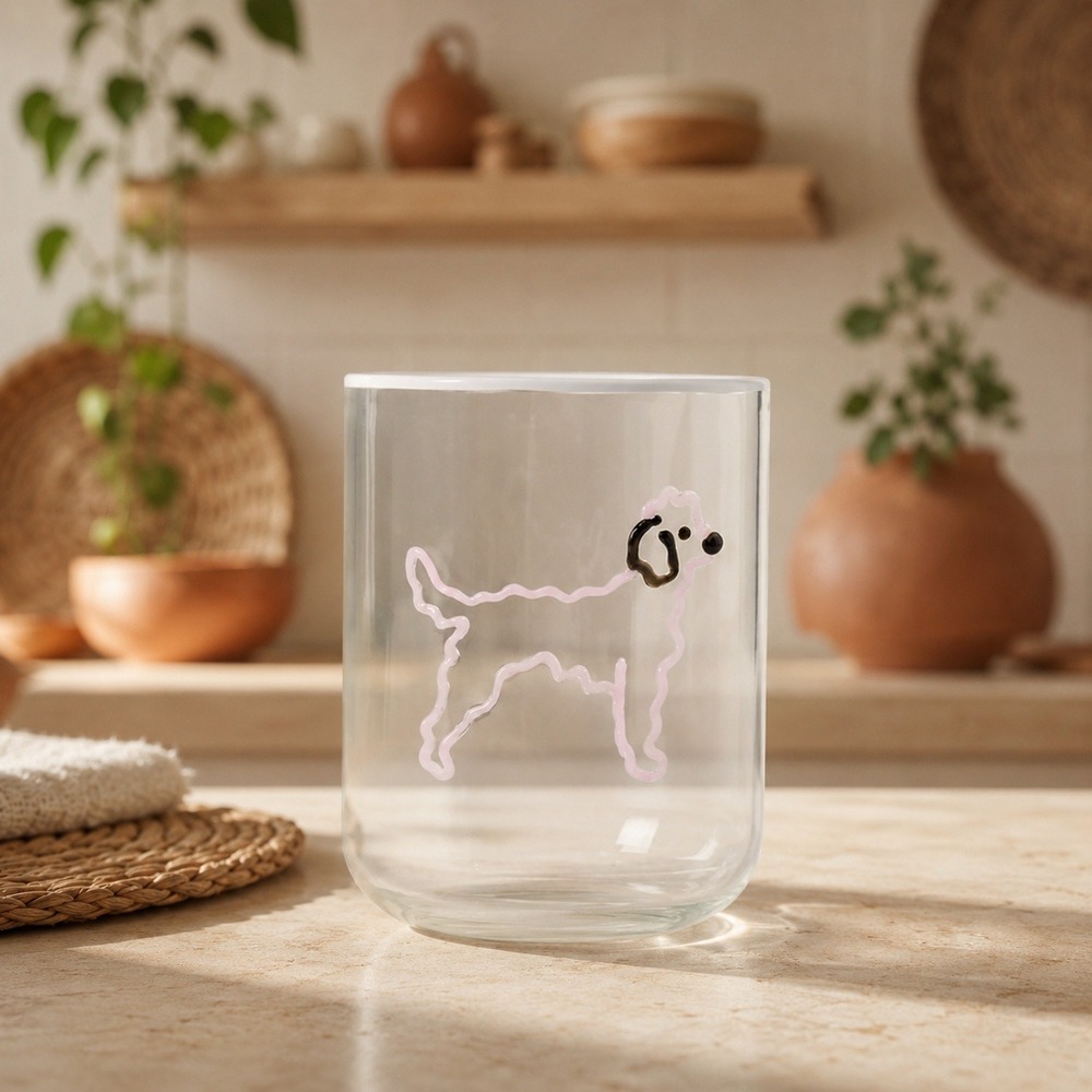 Anthropologie Love Notes Icon Juice Glass Poodle Borosilicate Pink Hand Painted